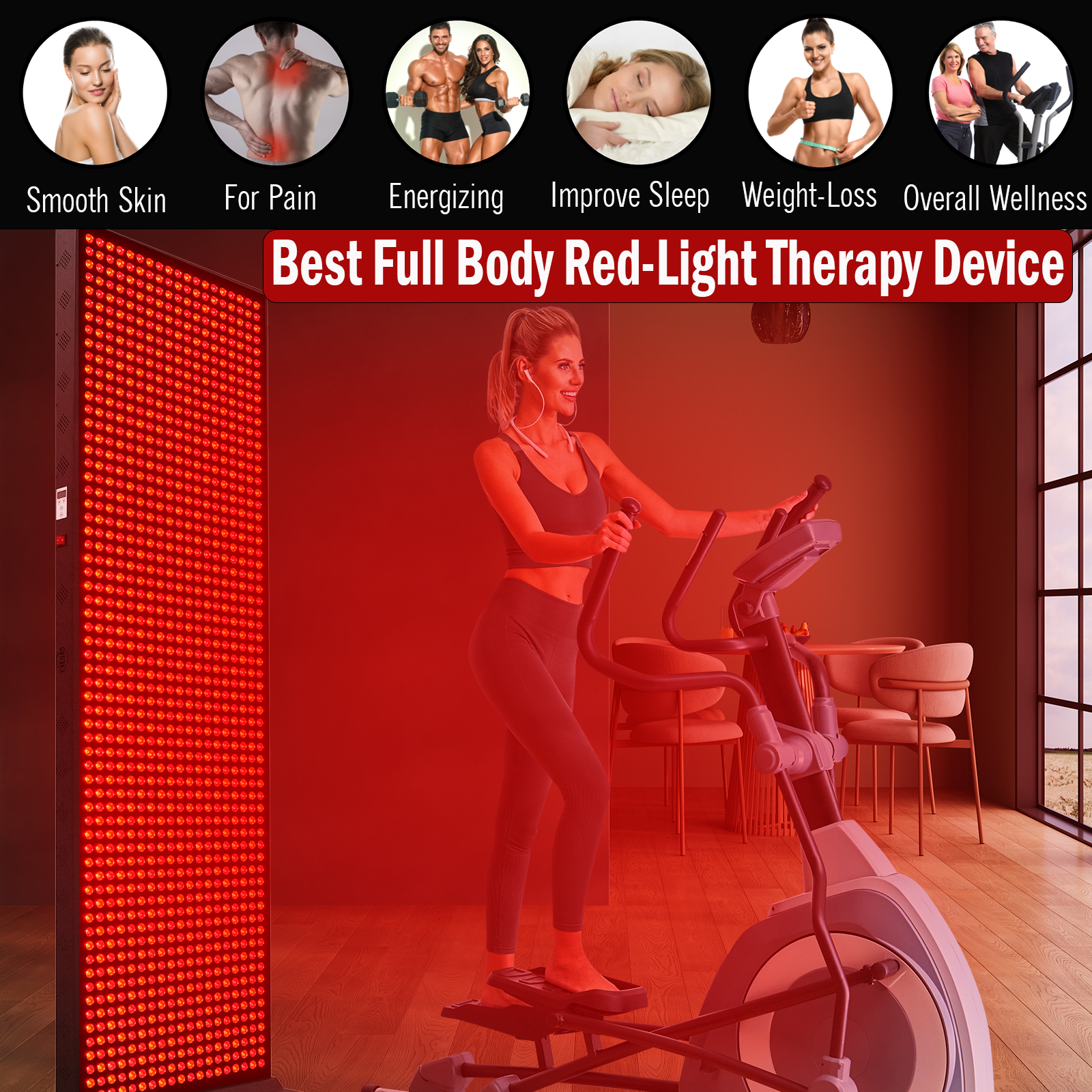 EXESAS Red Light Therapy Panel - 1216 LED, 6080W Dual-Chip, 4-Wavelengths Infrared LED Panel for Skin, Weight, Pain, Wellness