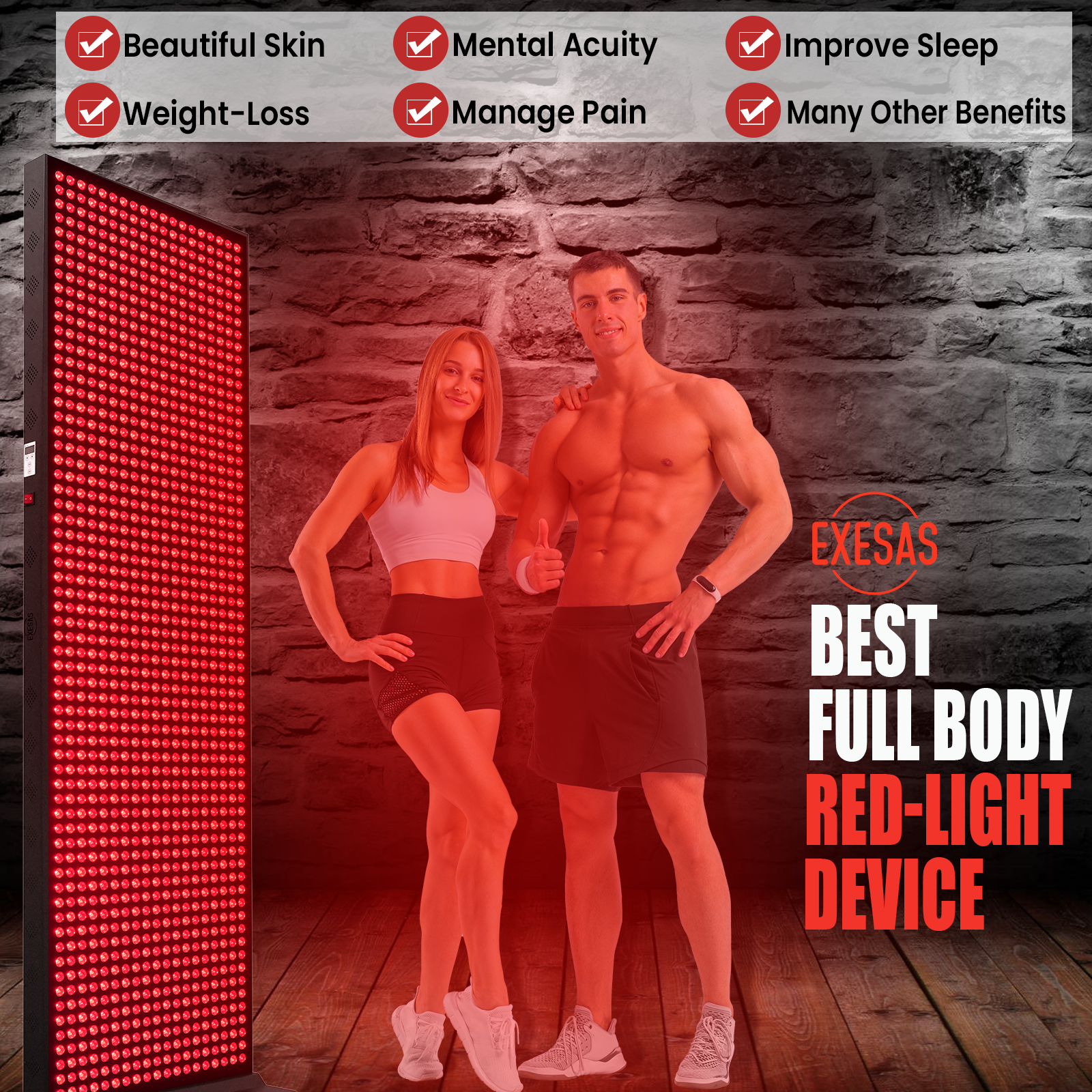 EXESAS Red Light Therapy Panel - 1216 LED, 6080W Dual-Chip, 4-Wavelengths Infrared LED Panel for Skin, Weight, Pain, Wellness
