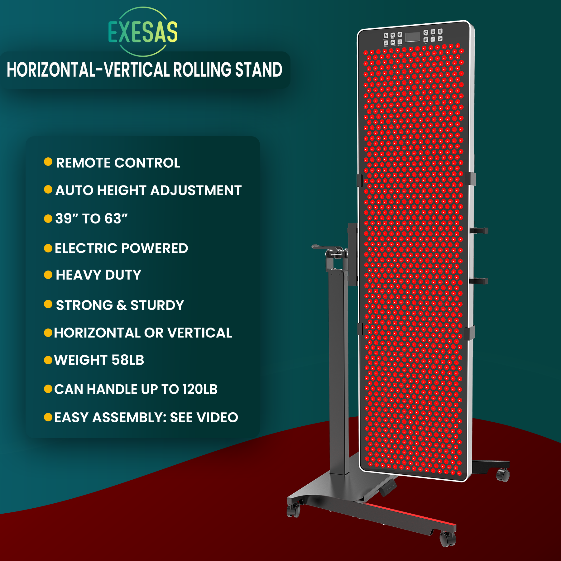 EXESAS Horizontal/Vertical Powered Automatic Rolling Stand for EXESAS Red Light Therapy Panels, Auto Height Adjustment, (Panel Sold Separately)